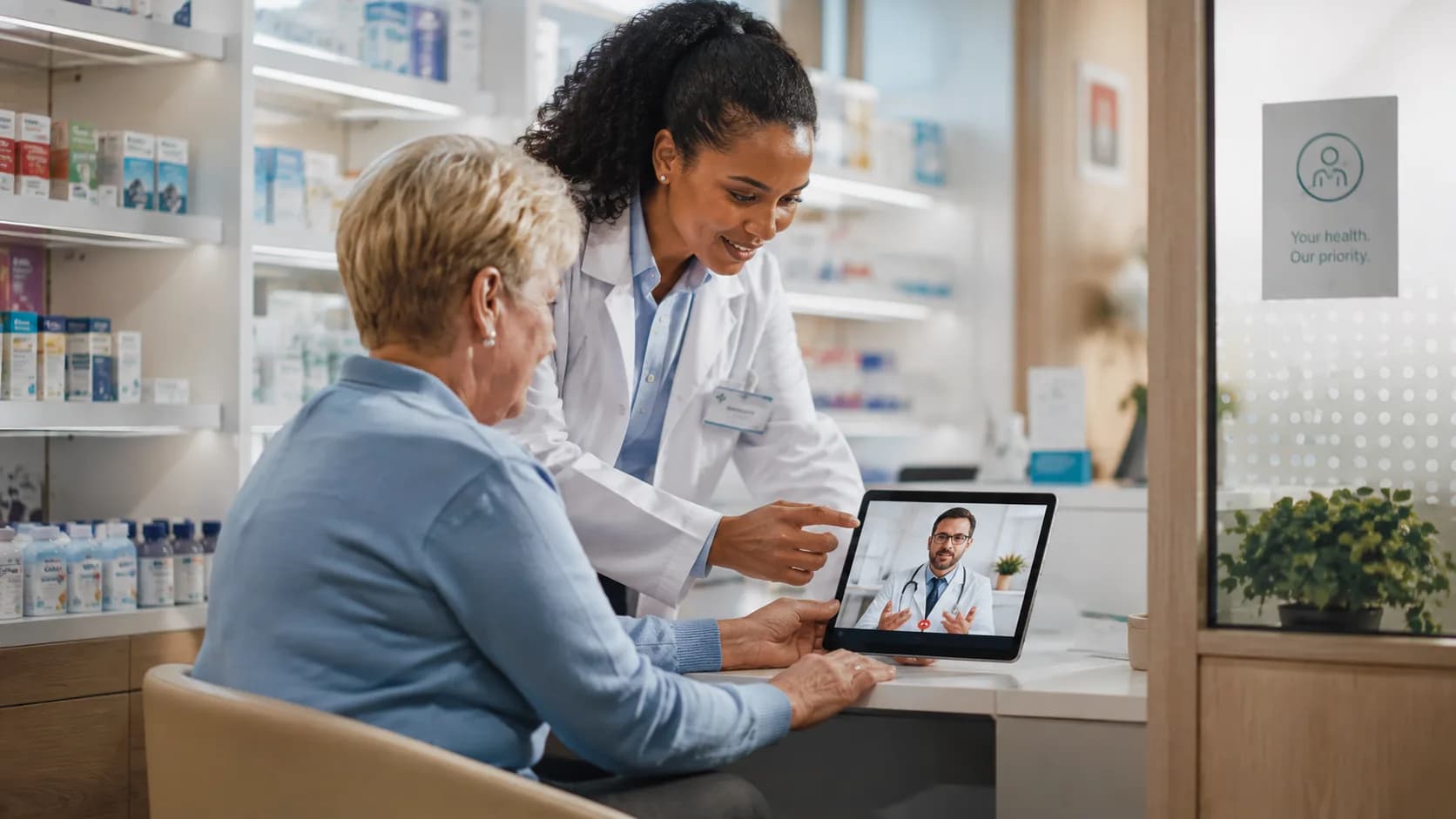 Patient having a Udok consultation inside of a network pharmacy