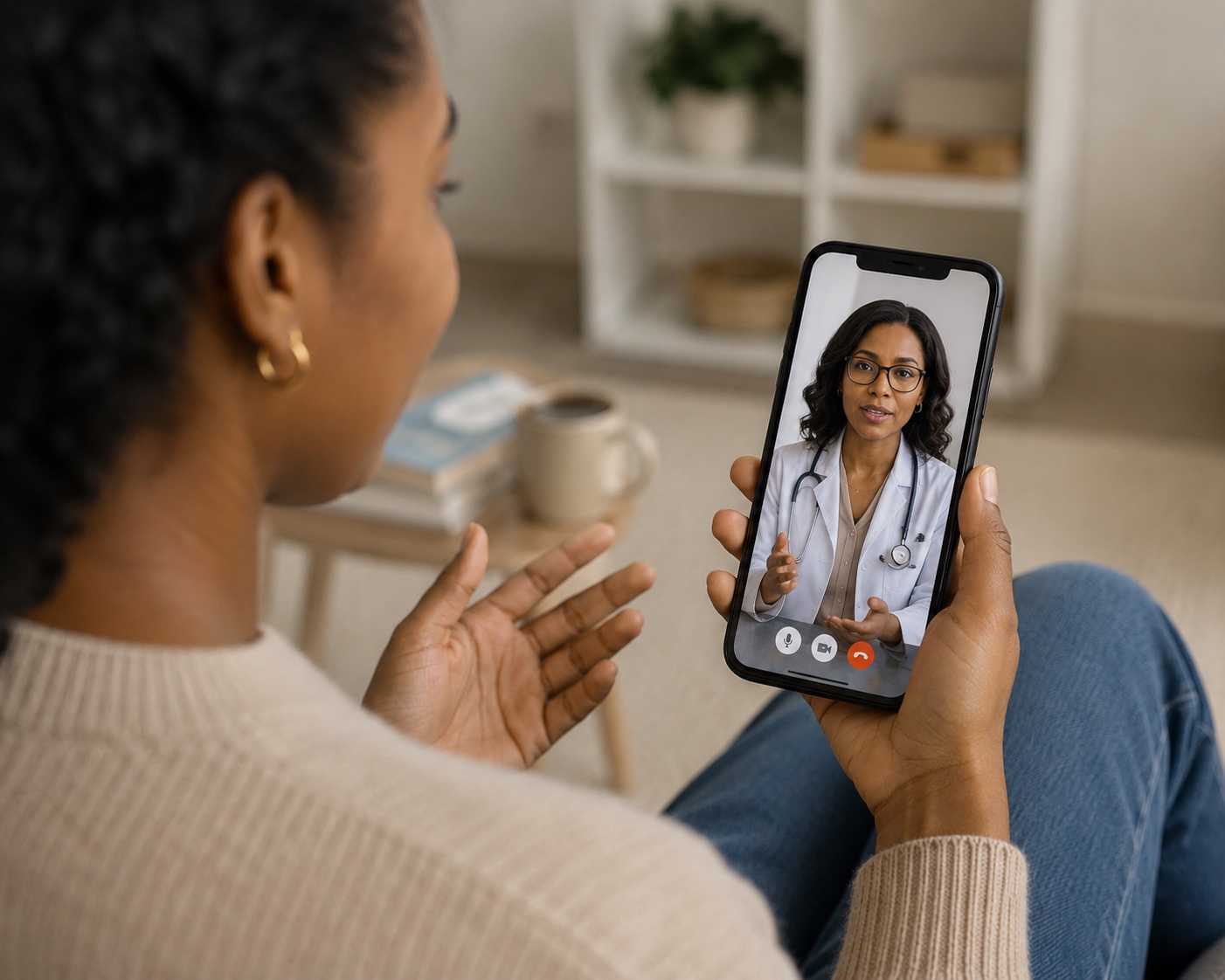 A patient on a video consult from home